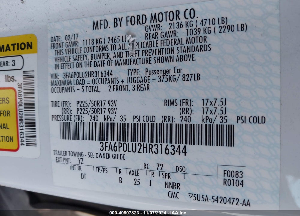 2017 FORD FUSION HYBRID SE VIN: 3FA6P0LU2HR316344