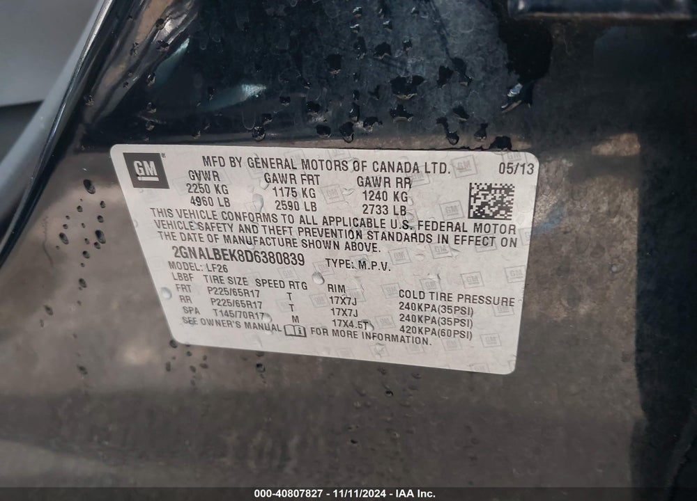 2013 CHEVROLET EQUINOX LS VIN: 2GNALBEK8D6380839