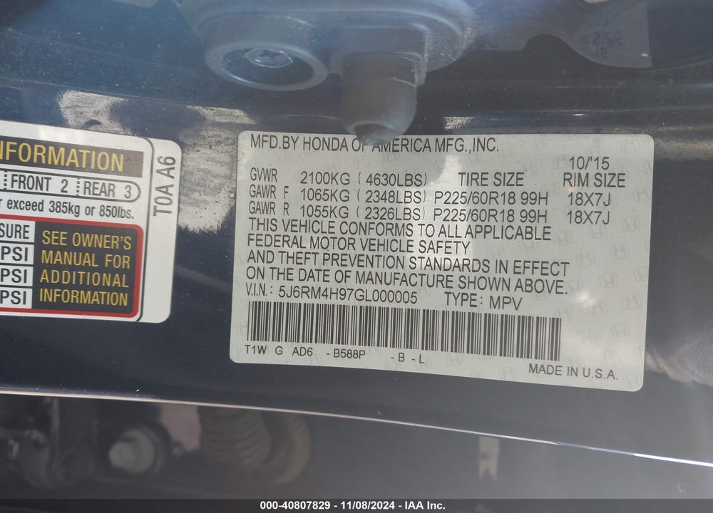 2016 HONDA CR-V VIN: 5J6RM4H97GL000005