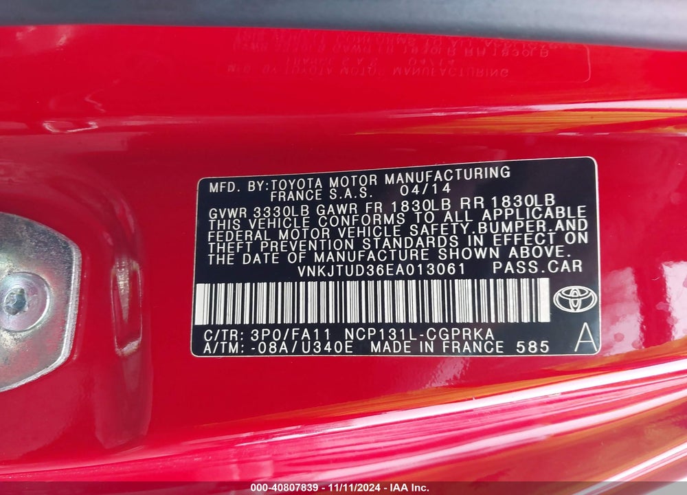 2014 TOYOTA YARIS L (TMMF PLANT) VIN: VNKJTUD36EA013061