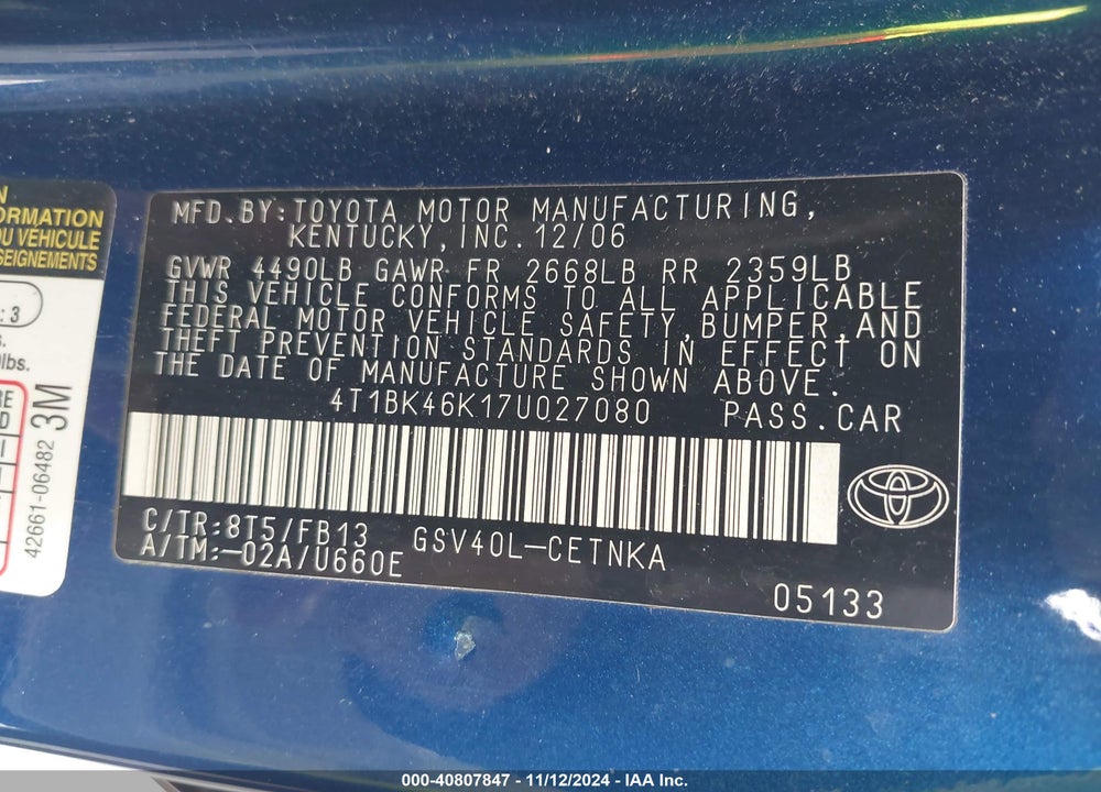 2007 TOYOTA CAMRY LE V6 VIN: 4T1BK46K17U027080