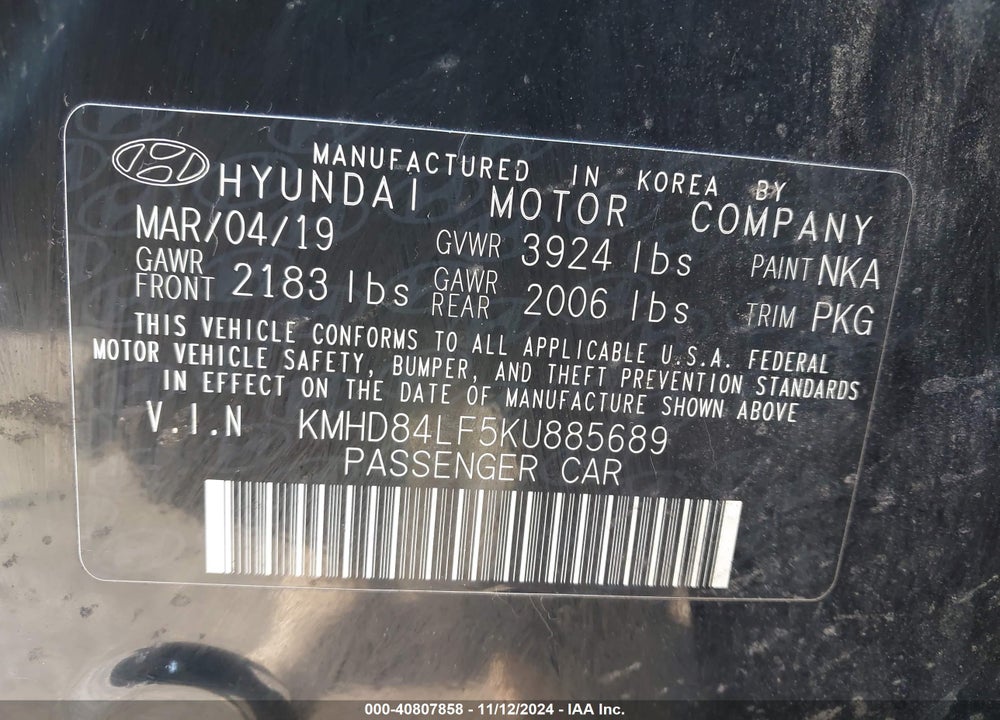 2019 HYUNDAI ELANTRA VALUE EDITION VIN: KMHD84LF5KU885689