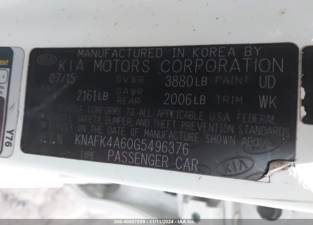 2016 KIA FORTE LX VIN: KNAFK4A60G5496376