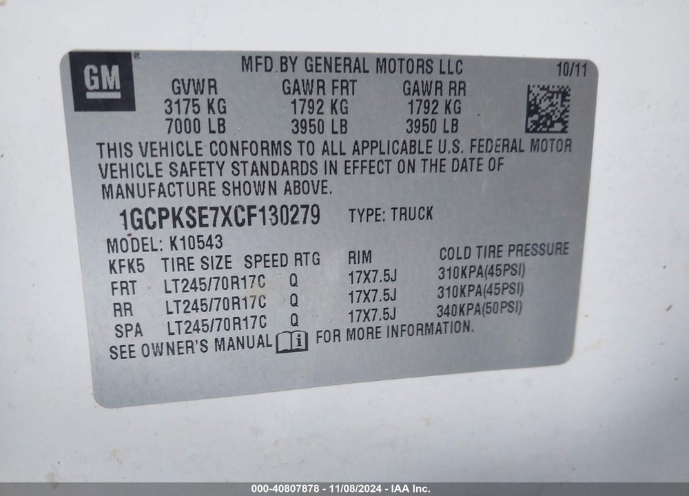2012 CHEVROLET SILVERADO 1500 LT VIN: 1GCPKSE7XCF130279