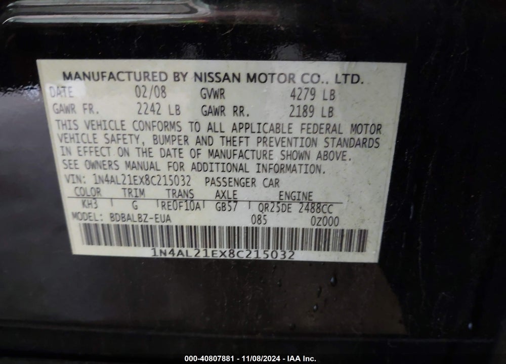 2008 NISSAN ALTIMA 2.5 S VIN: 1N4AL21EX8C215032
