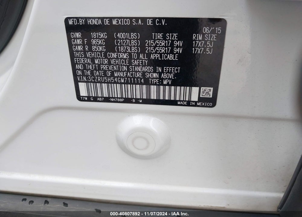 2016 HONDA HR-V EX VIN: 3CZRU5H54GM711114