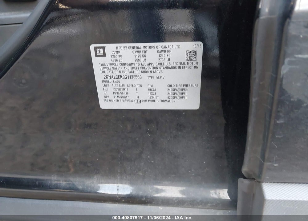 2016 CHEVROLET EQUINOX LT VIN: 2GNALCEK0G1128560