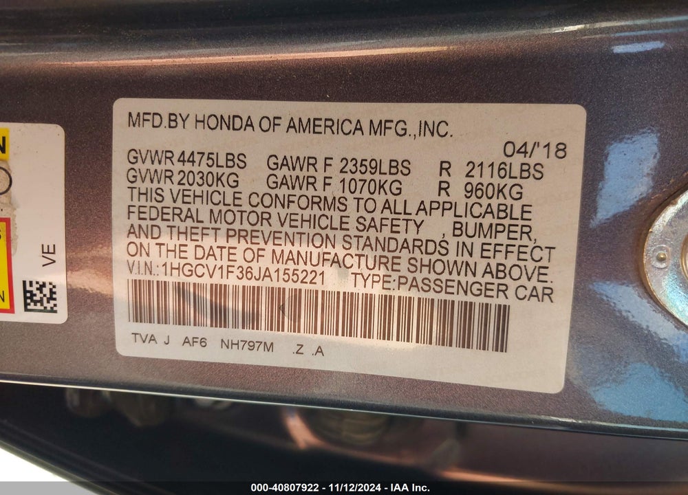 2018 HONDA ACCORD SPORT VIN: 1HGCV1F36JA155221