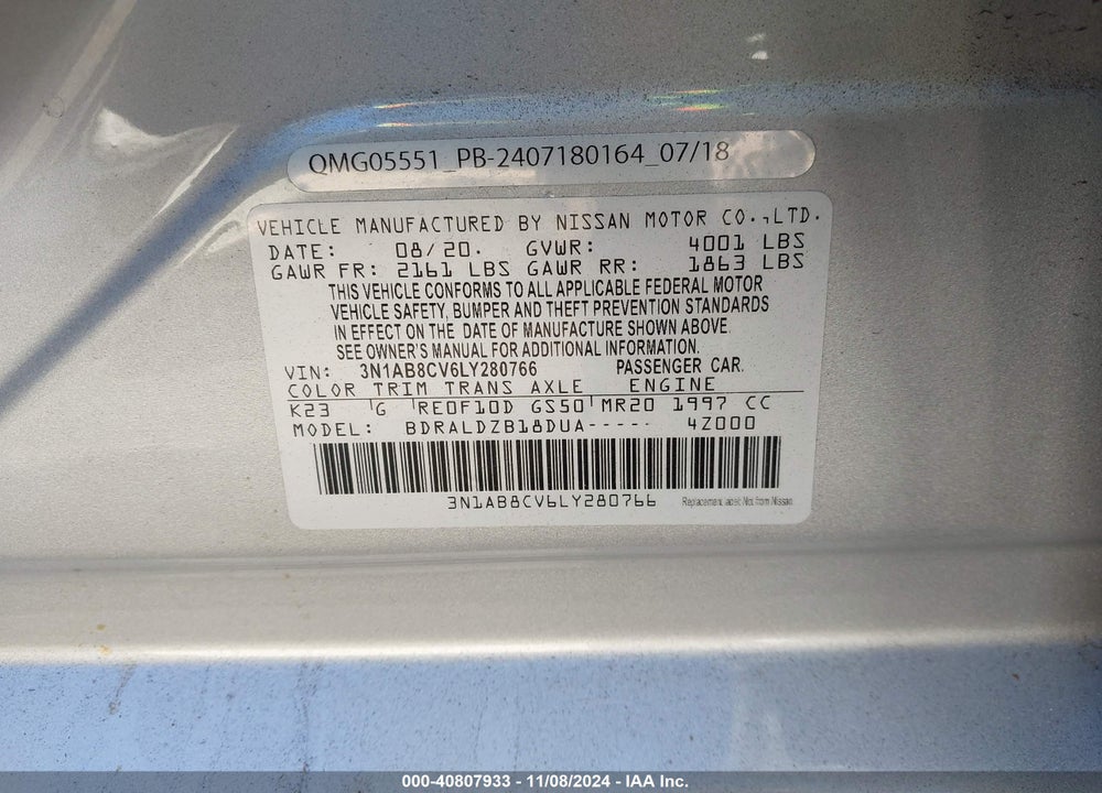 2020 NISSAN SENTRA SV XTRONIC CVT VIN: 3N1AB8CV6LY280766