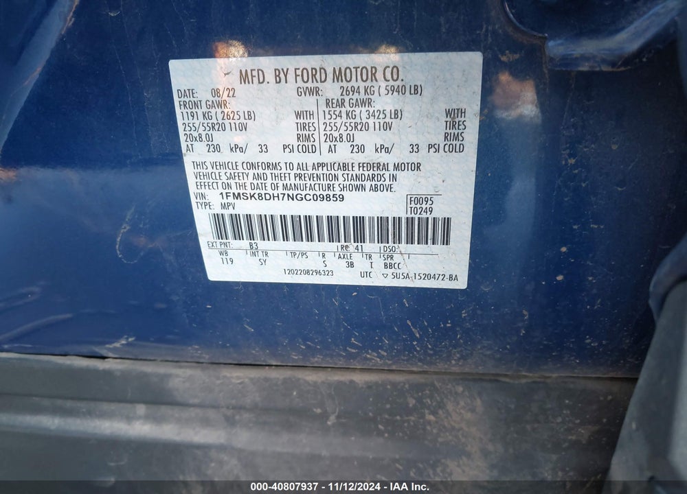 2022 FORD EXPLORER XLT VIN: 1FMSK8DH7NGC09859