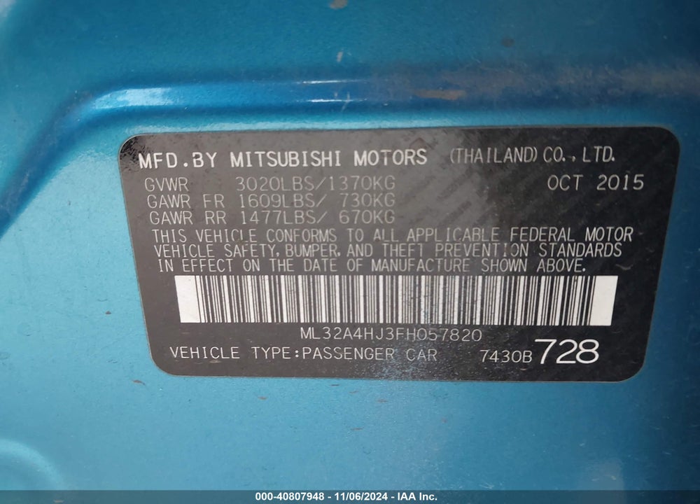 2015 MITSUBISHI MIRAGE ES VIN: ML32A4HJ3FH057820