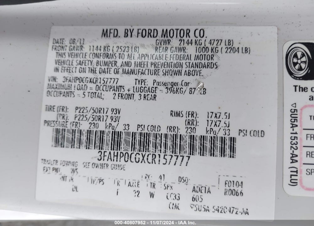 2012 FORD FUSION SEL VIN: 3FAHP0CGXCR157777