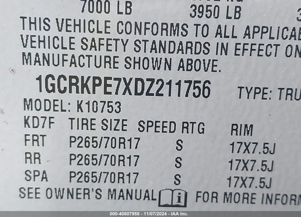 2013 CHEVROLET SILVERADO 1500 WORK TRUCK VIN: 1GCRKPE7XDZ211756