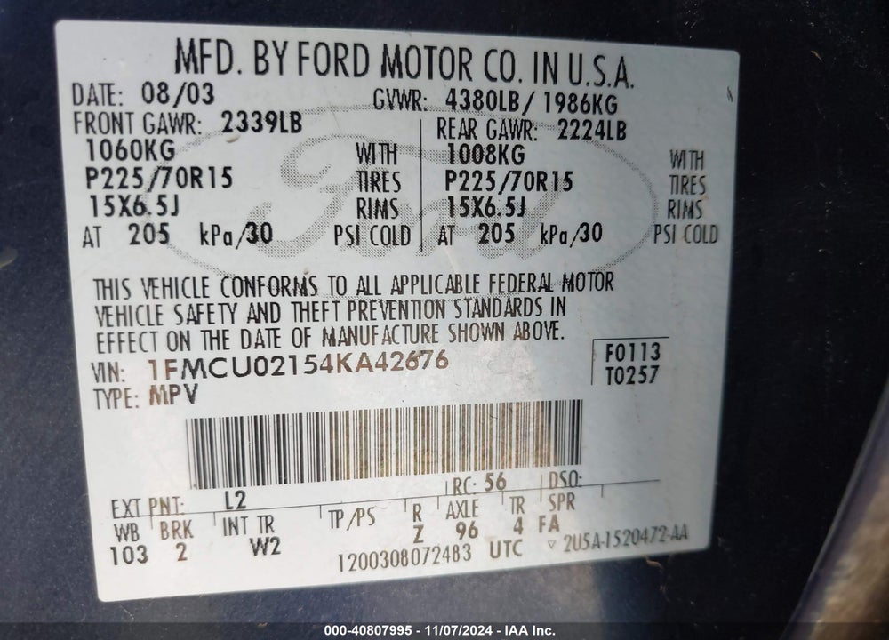 2004 FORD ESCAPE XLS VIN: 1FMCU02154KA42676
