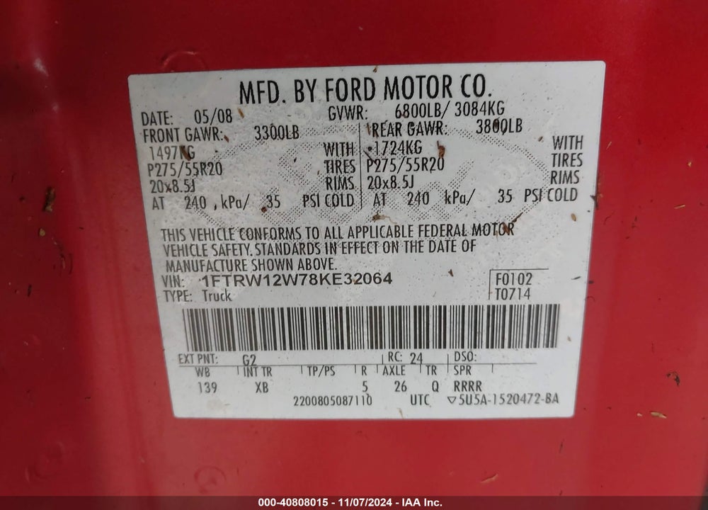 2008 FORD F-150 XLT VIN: 1FTRW12W78KE32064