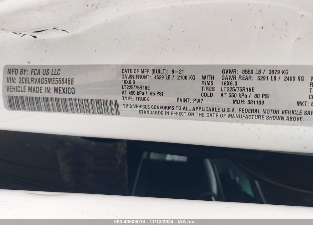 2021 RAM PROMASTER 1500 LOW ROOF 136 WB VIN: 3C6LRVAG5ME568468