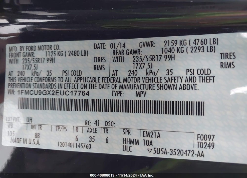 2014 FORD ESCAPE SE VIN: 1FMCU9GX2EUC17764