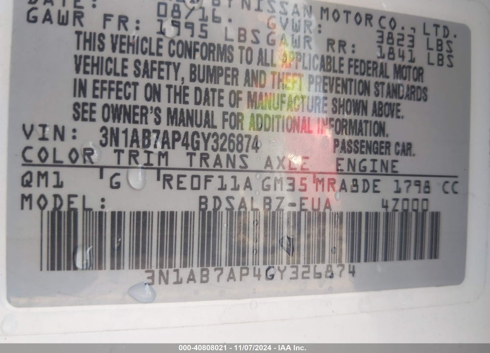 2016 NISSAN SENTRA S VIN: 3N1AB7AP4GY326874