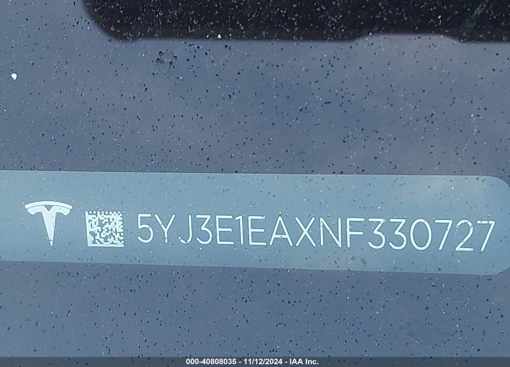 2022 TESLA MODEL 3 VIN: 5YJ3E1EAXNF330727