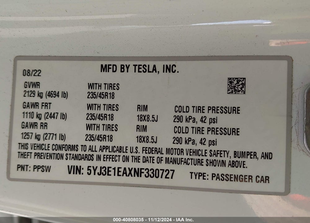 2022 TESLA MODEL 3 VIN: 5YJ3E1EAXNF330727