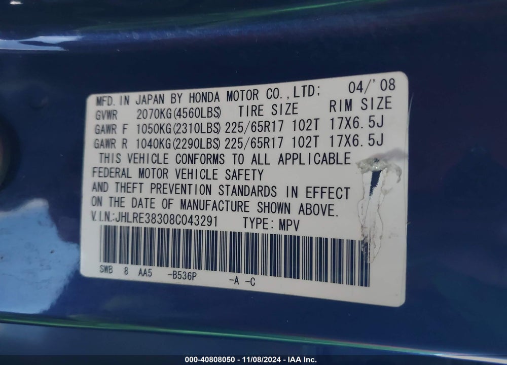 2008 HONDA CR-V LX VIN: JHLRE38308C043291