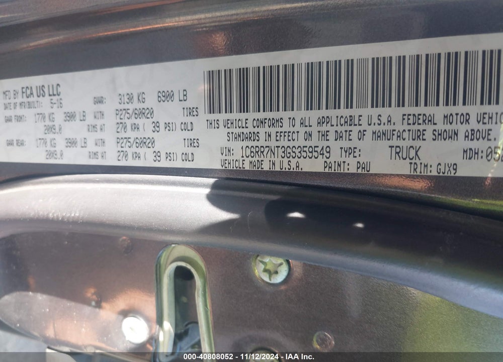 2016 RAM 1500 LAIE VIN: 1C6RR7NT3GS359549