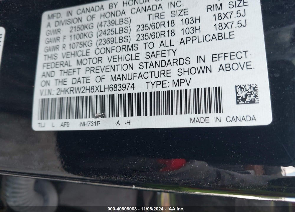 2020 HONDA CR-V AWD EX-L VIN: 2HKRW2H8XLH683974