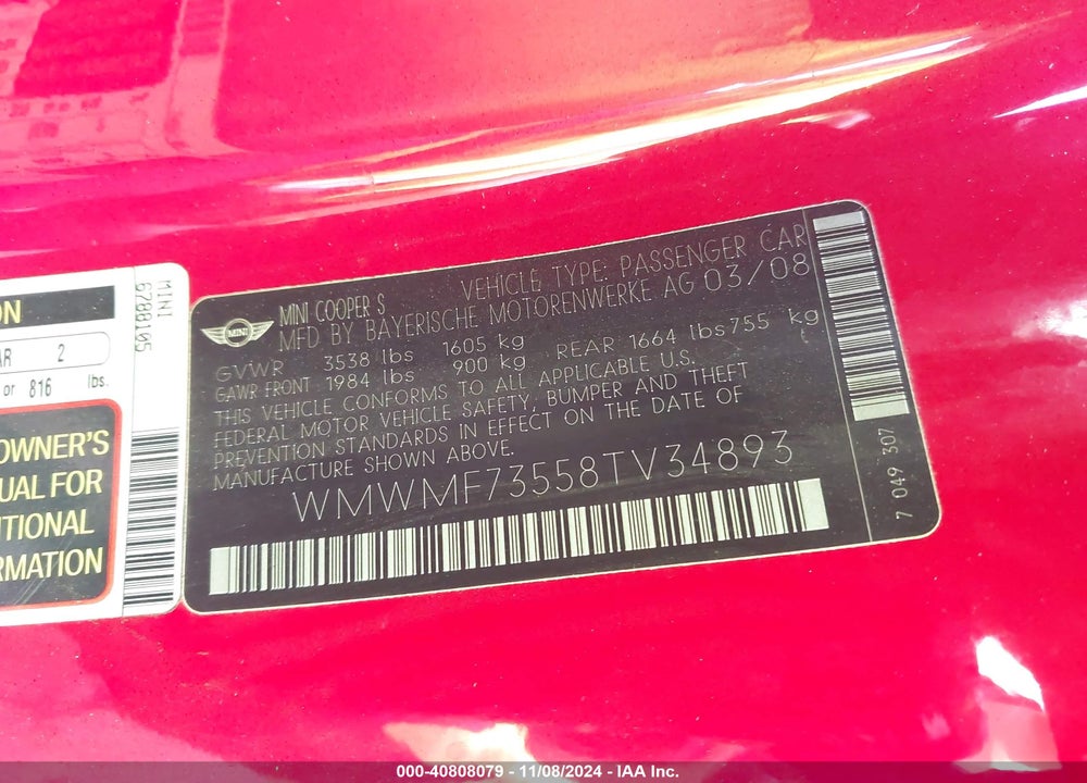 2008 MINI COOPER S VIN: WMWMF73558TV34893