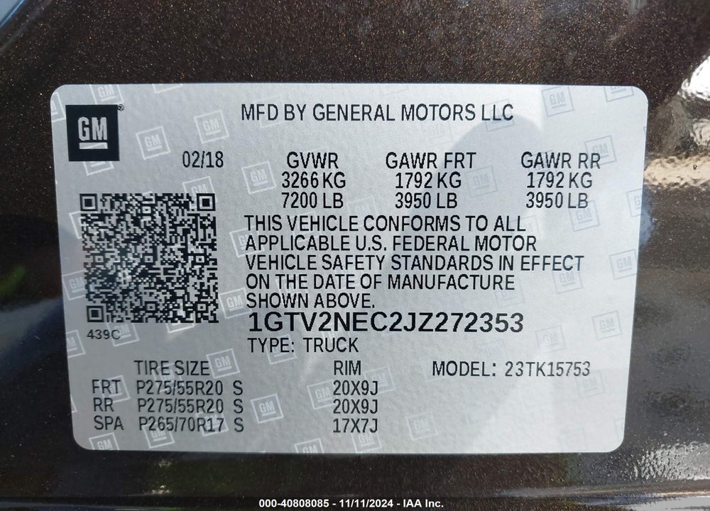 2018 GMC SIERRA 1500 SLT VIN: 1GTV2NEC2JZ272353