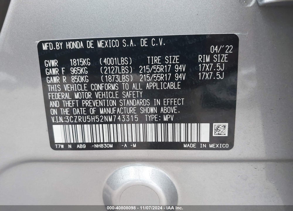 2022 HONDA HR-V 2WD EX VIN: 3CZRU5H52NM743315