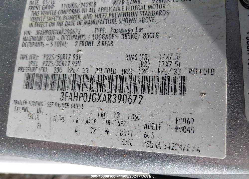 2010 FORD FUSION SEL VIN: 3FAHP0JGXAR390672