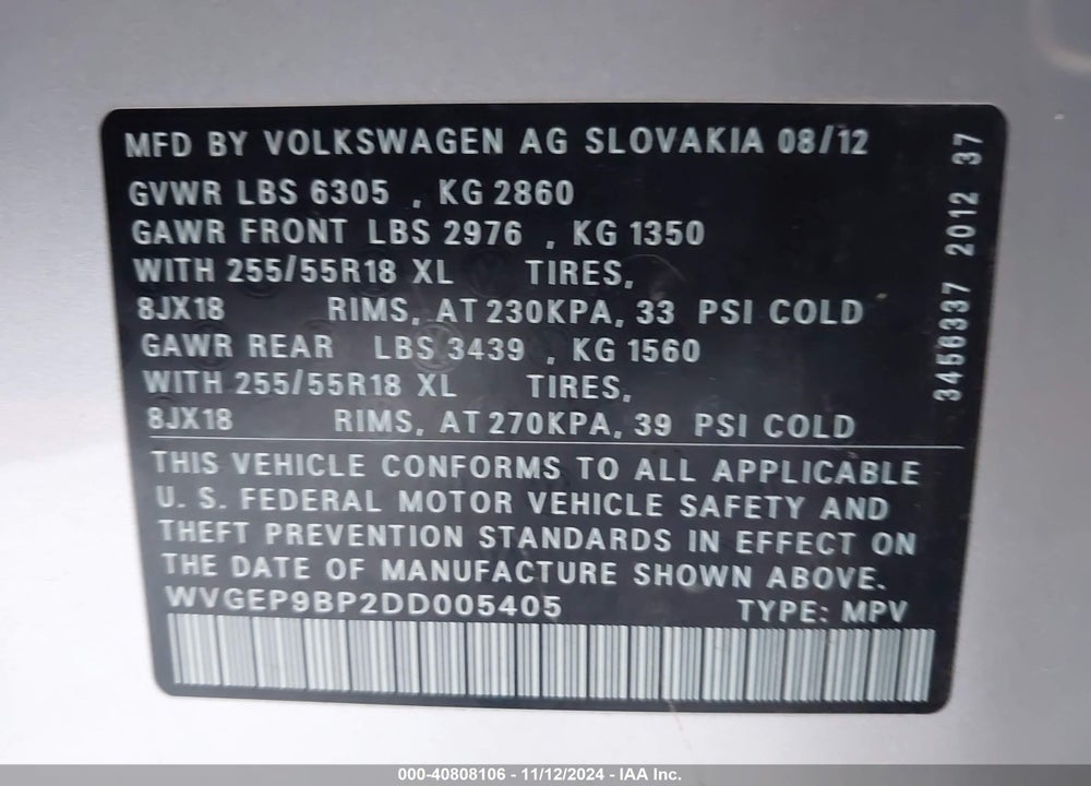2013 VOLKSWAGEN TOUAREG TDI SPORT VIN: WVGEP9BP2DD005405