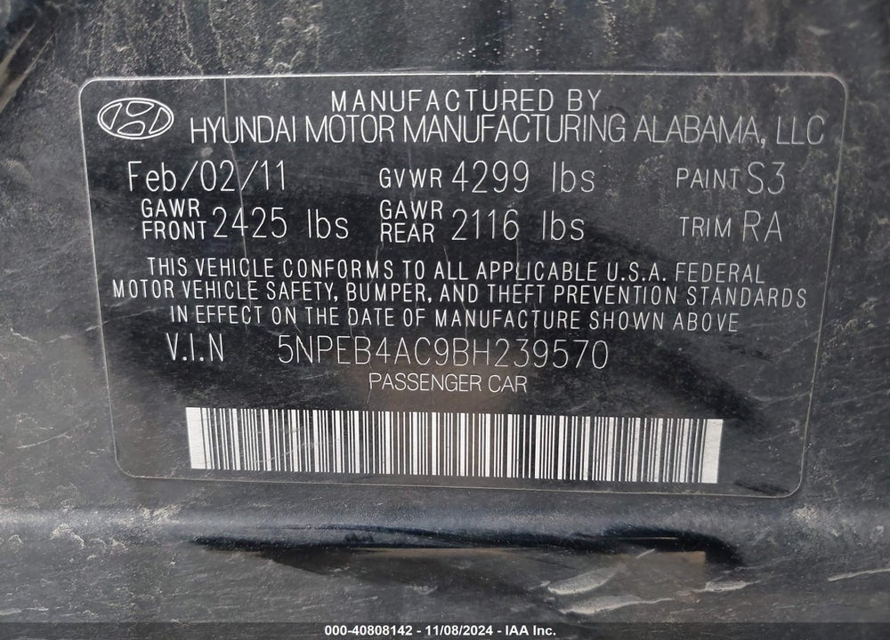 2011 HYUNDAI SONATA GLS VIN: 5NPEB4AC9BH239570