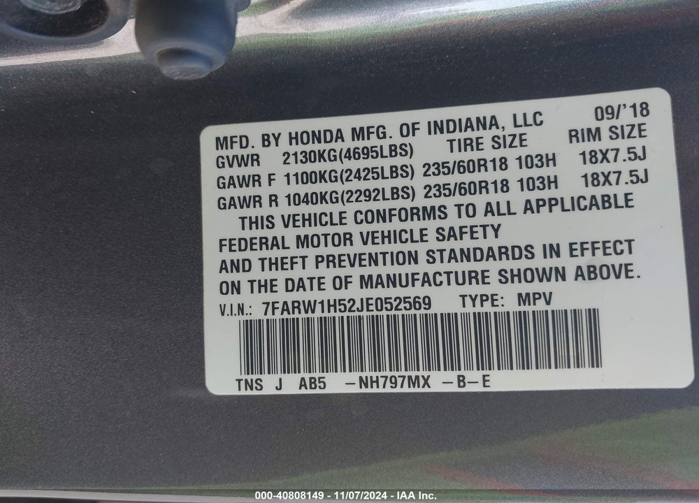 2018 HONDA CR-V EX VIN: 7FARW1H52JE052569