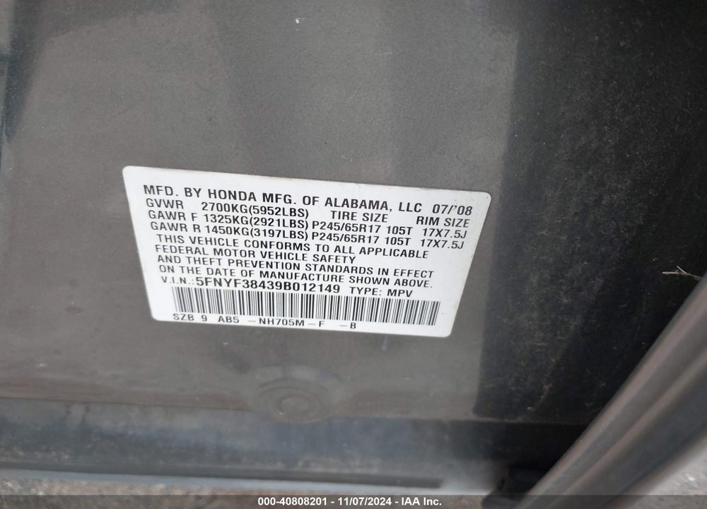 2009 HONDA PILOT EX VIN: 5FNYF38439B012149