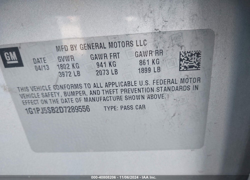 2013 CHEVROLET CRUZE ECO MANUAL VIN: 1G1PJ5SB2D7289556