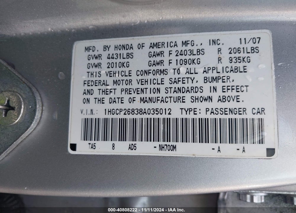 2008 HONDA ACCORD 2.4 EX-L VIN: 1HGCP26838A035012