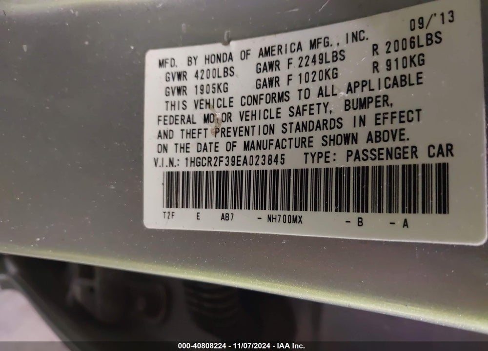 2014 HONDA ACCORD LX VIN: 1HGCR2F39EA023845