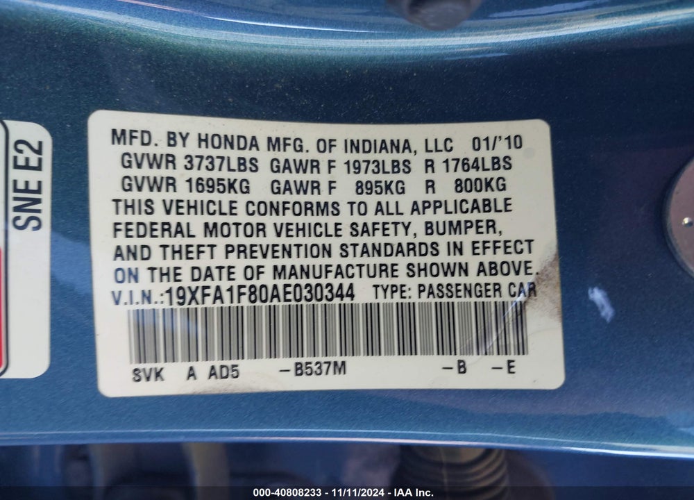 2010 HONDA CIVIC EX VIN: 19XFA1F80AE030344