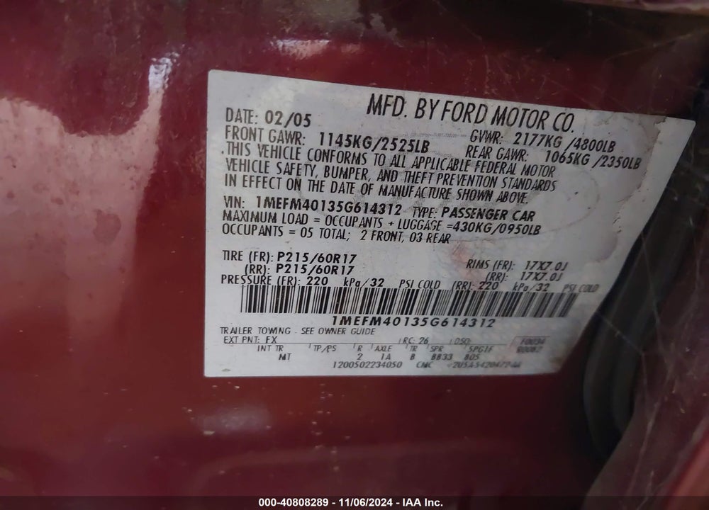 2005 MERCURY MONTEGO LUXURY VIN: 1MEFM40135G614312