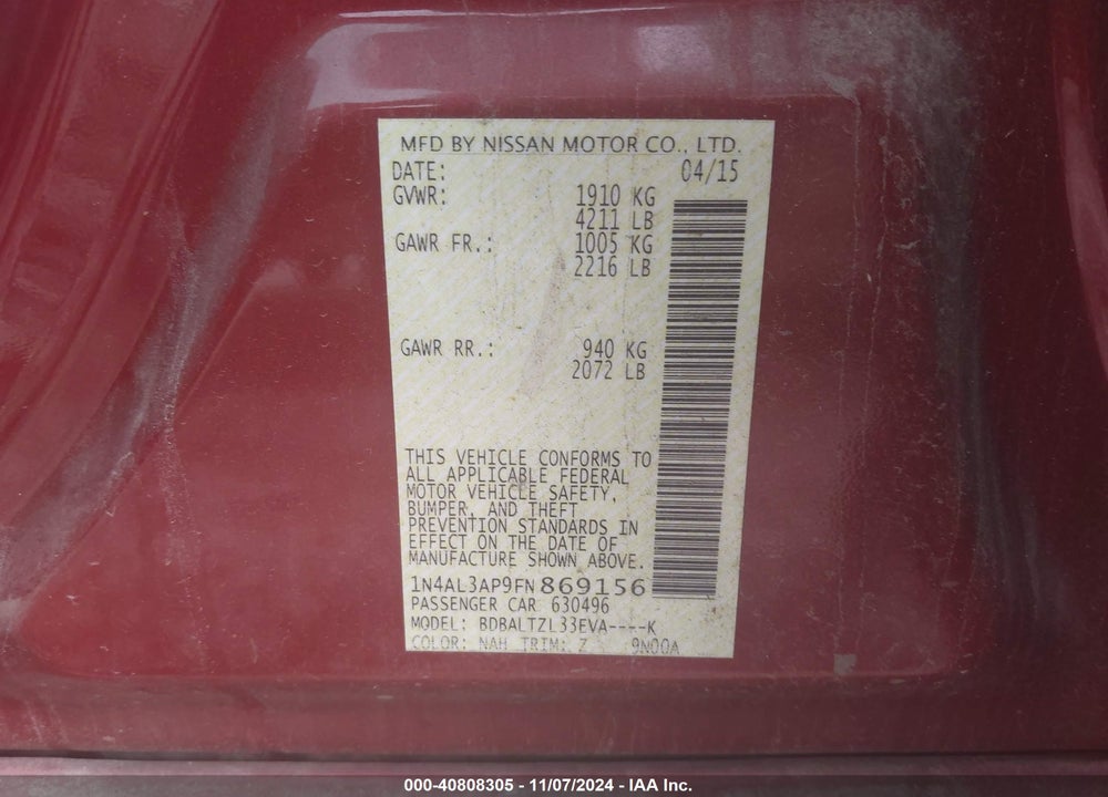 2015 NISSAN ALTIMA 2.5 SL VIN: 1N4AL3AP9FN869156