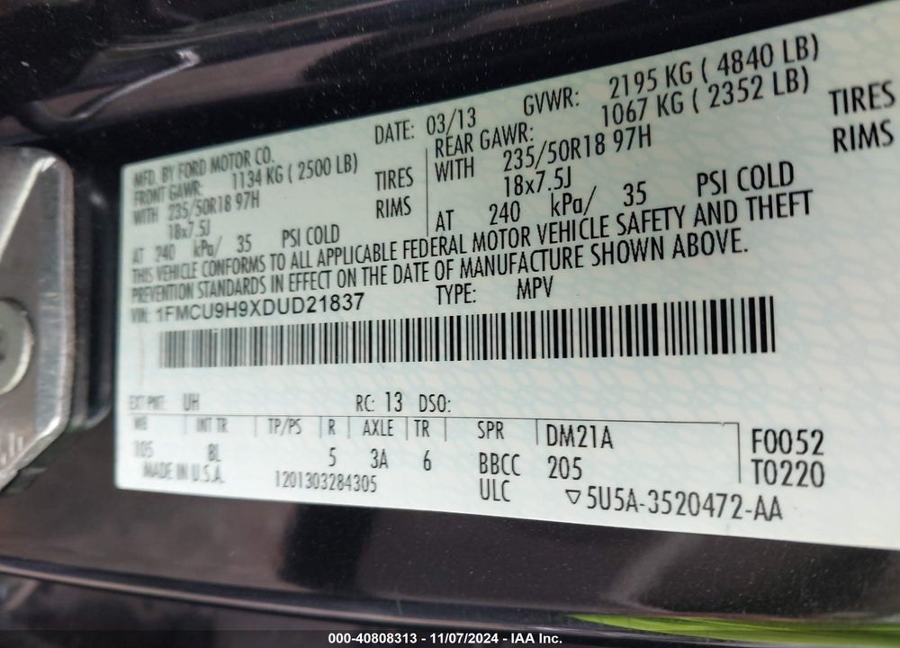 2013 FORD ESCAPE SEL VIN: 1FMCU9H9XDUD21837
