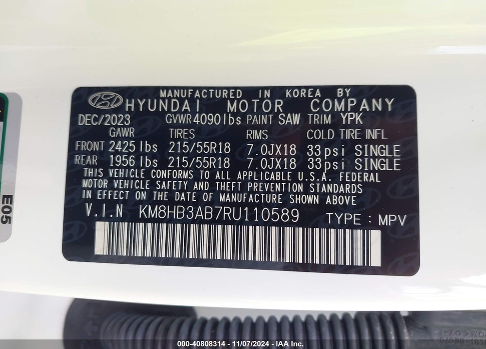 2024 HYUNDAI KONA SEL VIN: KM8HB3AB7RU110589