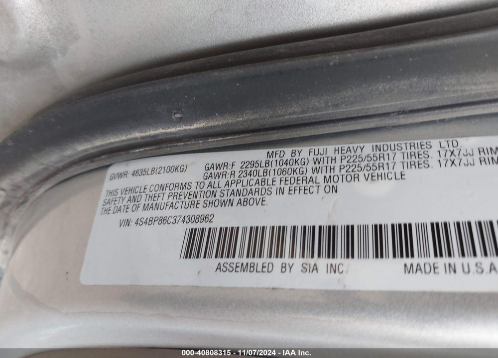 2007 SUBARU OUTBACK 3.0R L.L. BEAN EDITION VIN: 4S4BP86C374308962