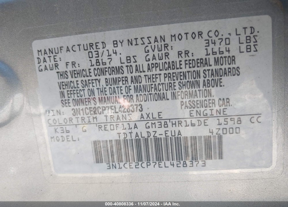 2014 NISSAN VERSA NOTE SV VIN: 3N1CE2CP7EL428373