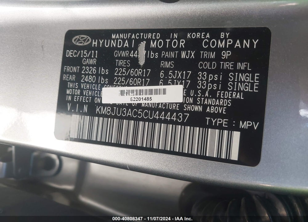 2012 HYUNDAI TUCSON GLS VIN: KM8JU3AC5CU444437