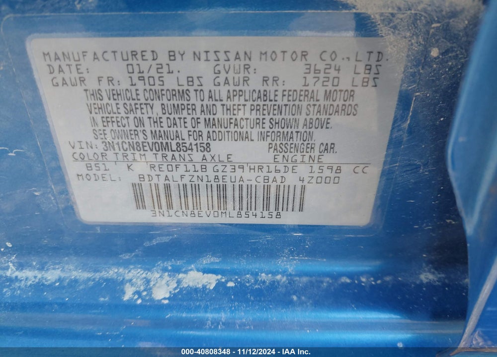 2021 NISSAN VERSA SV XTRONIC CVT VIN: 3N1CN8EV0ML854158
