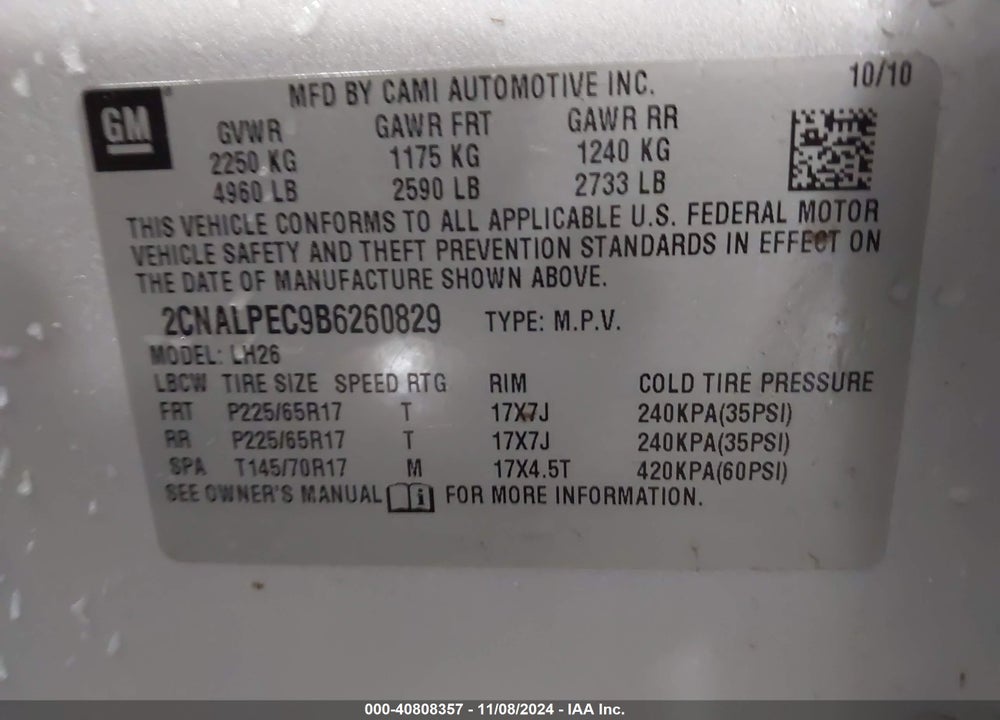 2011 CHEVROLET EQUINOX 2LT VIN: 2CNALPEC9B6260829