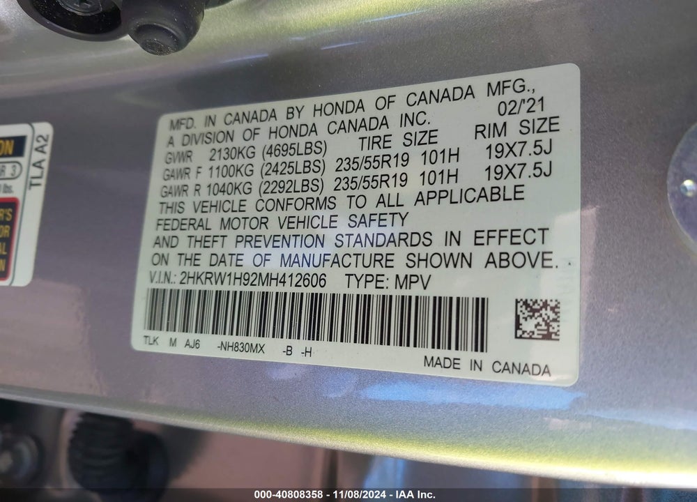 2021 HONDA CR-V 2WD TOURING VIN: 2HKRW1H92MH412606