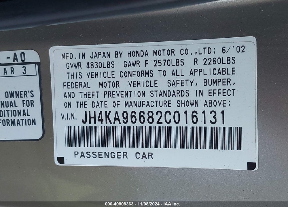 2002 ACURA RL 3.5 VIN: JH4KA96682C016131